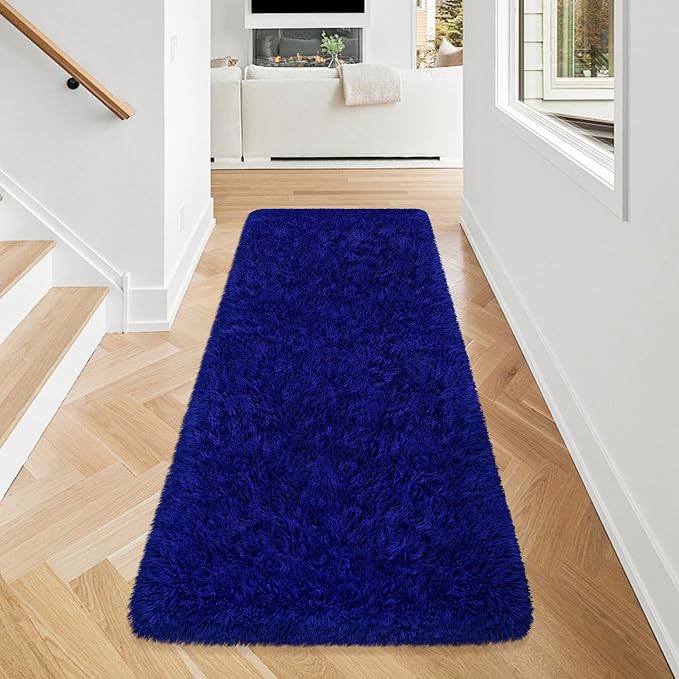 Blue Runner Rug for Bedroom Navy Blue 2x5ft Fluffy Area Rug Bedside Runner Rug by JiaoBaba