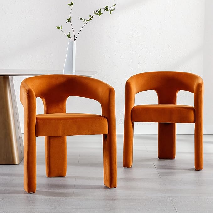 Modern Barrel Dining Chairs Set of 6, Velvet Upholstered Accent Side Chair with Arms Comfy Makeup Vanity Chairs, Dining Living Room Kitchen Chairs, Orange