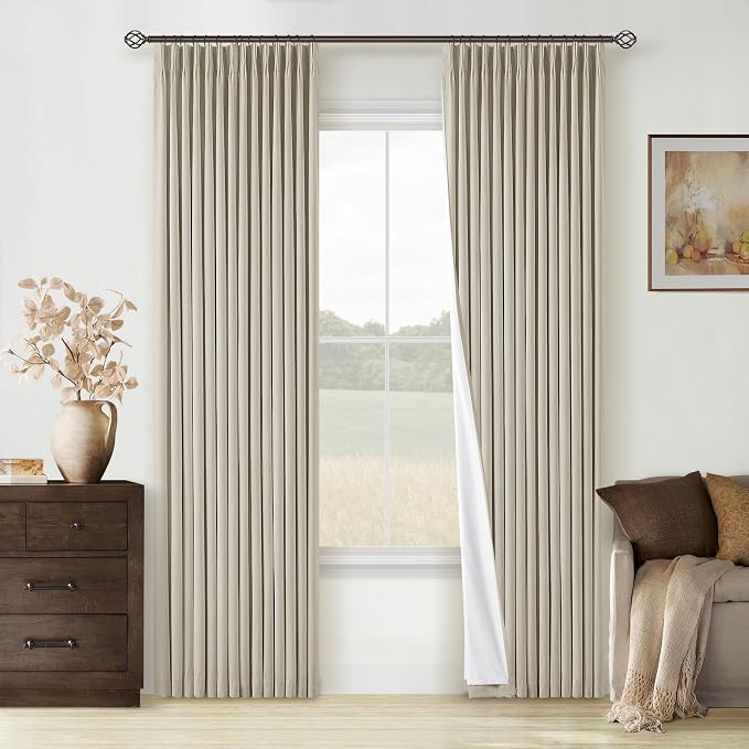Oatmeal Pinch Pleated Full Blackout Curtains Linen Blend 80 Inches Long | Room - Image 9