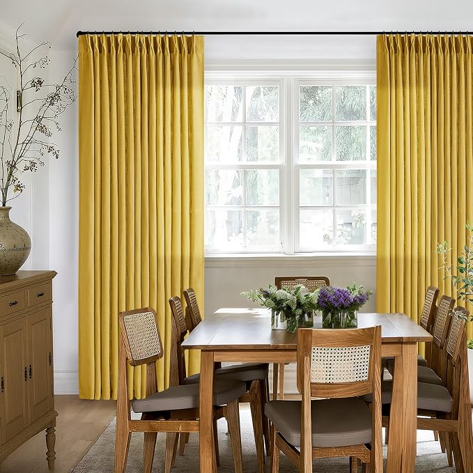 Mustard Yellow 90 Inch Thick Linen Curtains Pinch Pleated 2 Panels Set | - Image 7