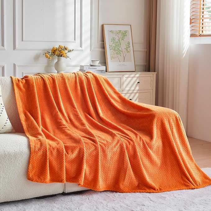 NEWCOSPLAY Super Soft King Blanket Orange Premium Silky Flannel Fleece Leaves Pattern Lightweight Bed Blanket All Season Use (Orange, King(90"x110"))