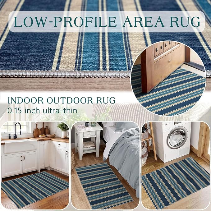 Front Door Mat Outside Entrance, 2x3 Navy Blue Coastal Striped Rug | Non-Slip - Image 6