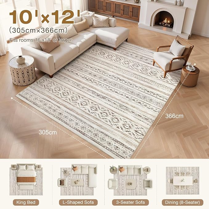 cotiled Boho 10x12 Area Rug for Living Room: Large Moroccan Washable Rug | - Image 8