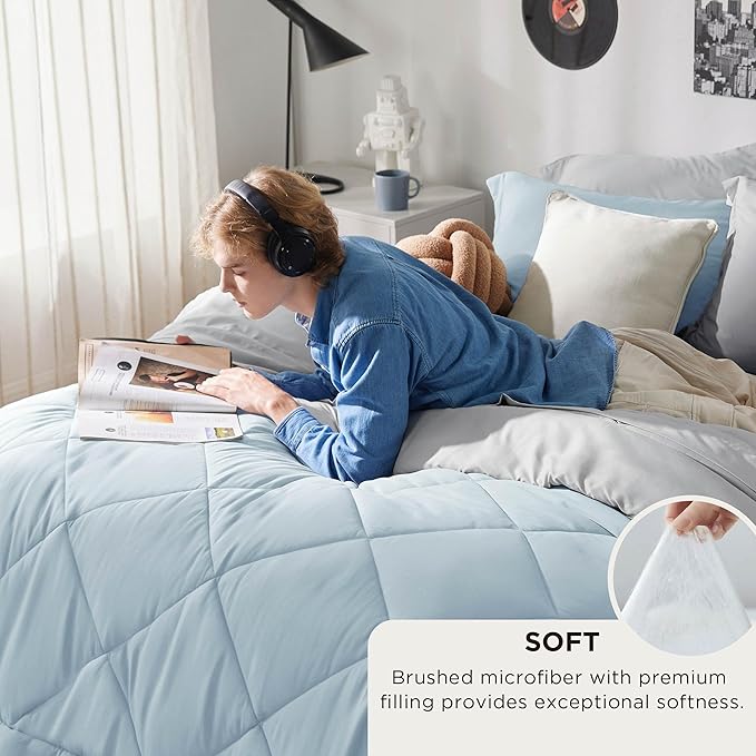 Bedsure Queen Comforter Set - 7 Pieces Reversible Sky Blue Bedding, Queen Size Bed Set for All Seasons, Bed in a Bag with Down Alternative Comforter, Sheets, Pillowcases & Shams
