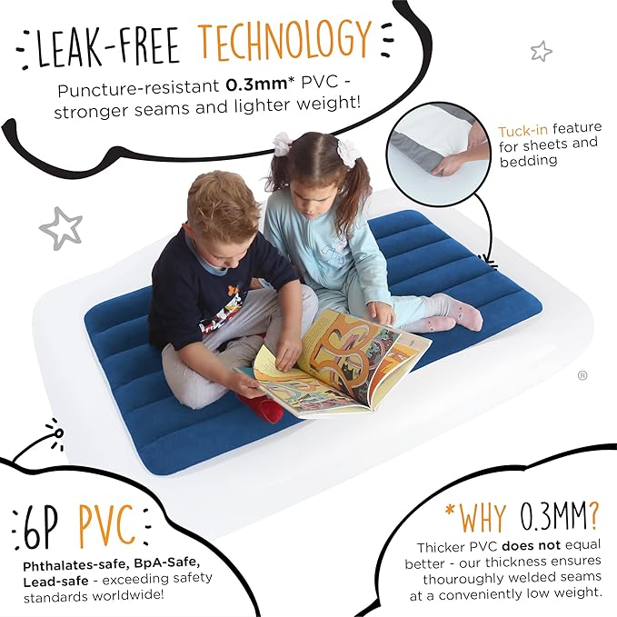 The Shrunks Toddler Travel Bed Portable Inflatable Air Mattress Blow Up Bed for Indoor/Outdoor Camping, Backyard, Hotel, or Home Use Kids/Toddler Floor Bed with Side Bed Rails and Electric Pump Blue