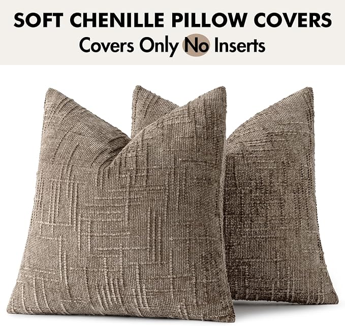 MIULEE Chenille Textured Euro Pillow Covers Taupe Grey 22x22 Set of 2 | Slubby - Image 9