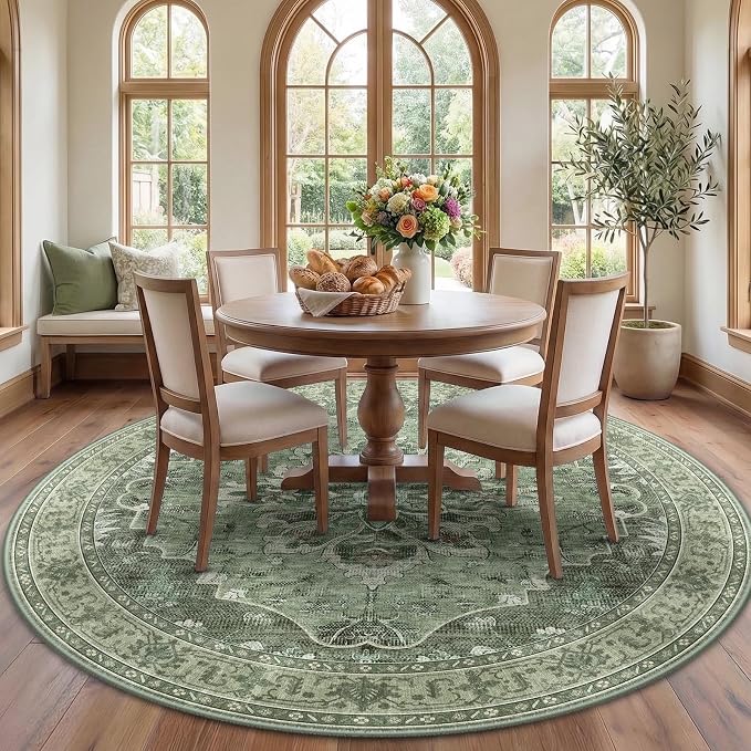 RELEANY Washable Area Rug, Round 7ft, Water Repellent, Pet Friendly, Vintage by RELEANY