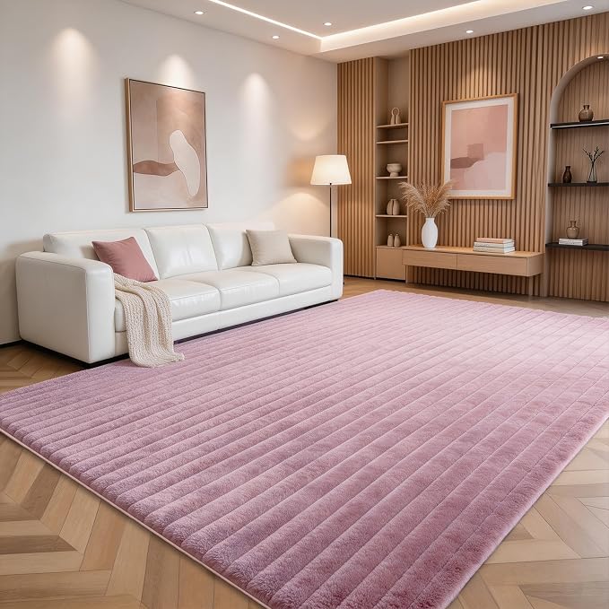 Dusty Rose Rabbit Striped Plush Rug 8'x10', Fluffy Shaggy Area Rug - Image 3