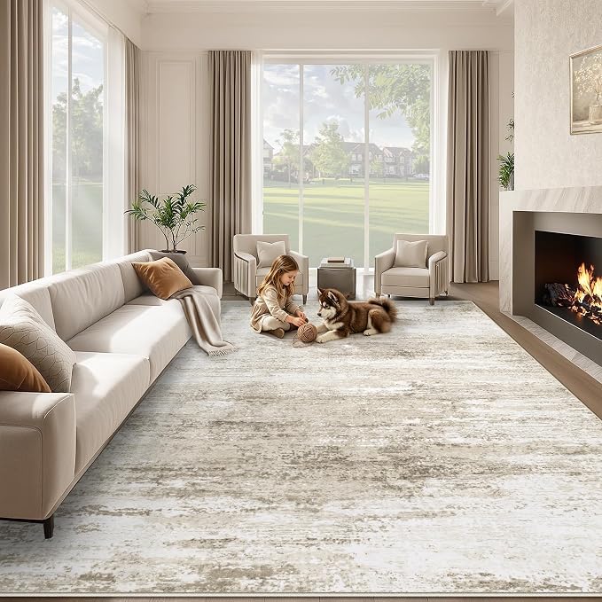 Washable Rug 8x10 Area Rugs for Living Room: Large Neutral Soft Rug Abstract by LOSBULAKE