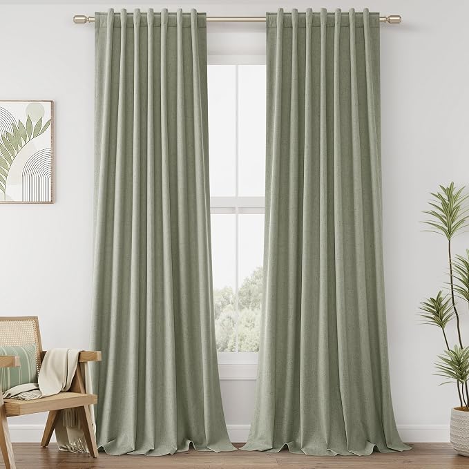 Sage Green 100% Blackout Linen Curtains 102 Inch Length 2 Panels Set by Guken