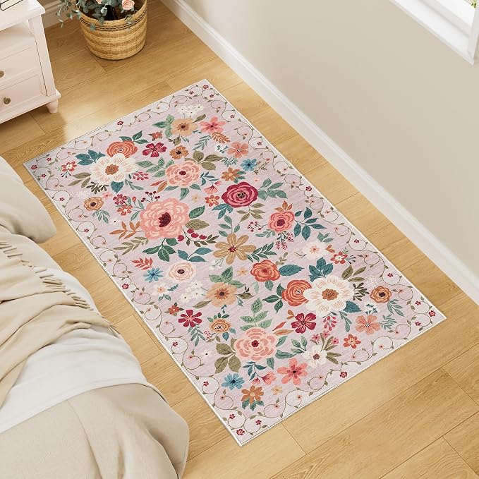 DUKINO 2x4 Entryway Rug, Floral Washable Kitchen Rugs Non Slip, Soft Indoor - Image 3