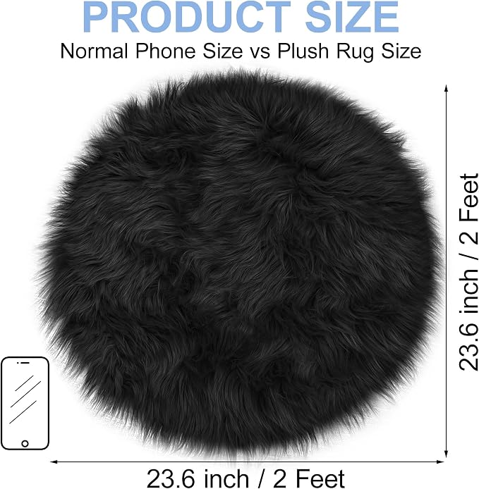 Small Black Round Rug 2ft for Bedroom, Faux Fur Fluffy Circle Rug Furry Carpet - Image 2