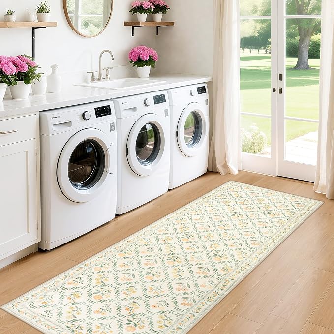PLHXFR 2x6 Washable Runner Rug：Floral Indoor Kitchen Carpet Beige Multi | - Image 4