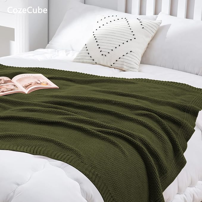 CozeCube Olive Green Seed Stitch Throw Blanket 60"x80", Farmhouse Decor | - Image 2