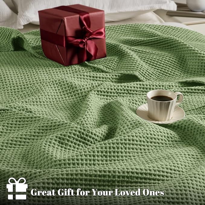 PHF 100% Cotton Waffle Weave Blanket Queen Size for Bed,Snag Proof Lightweight Breathable Moisture-Wicking Throw for Couch,Great for Layering in Cold Weather,Machine Washable, Home Decor-Loden Green