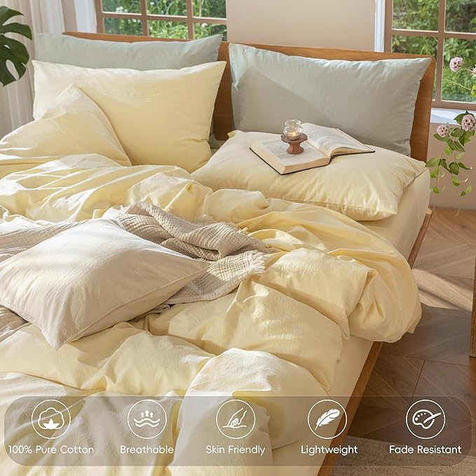 MooMee Bedding Duvet Cover Set 100% Washed Cotton Linen Like Textured Breathable Durable Soft Comfy (Heathered Butter Yellow, Twin 68"x90")