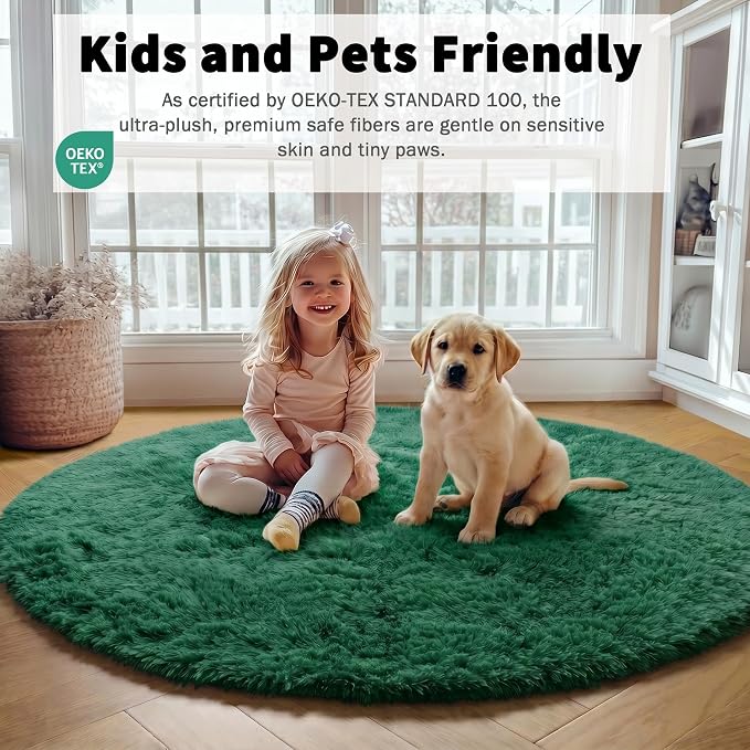 Dark Green Round Area Rug 4ft, Soft Bedroom Circle Rugs - Image 3