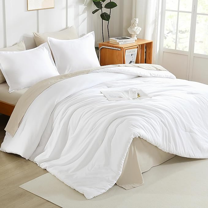 Litanika White Comforters Oversized Queen Size, 3 Pieces Lightweight Solid Bedding Comforter Set, All Season Fluffy Bed Set (98x98In Comforter & 2 Pillowcases)