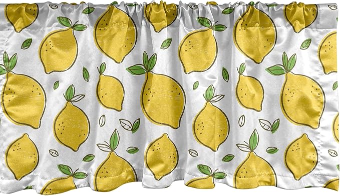 Ambesonne Lemons Window Valance Pack of 2, Continuous Citrus Fruits Leaves Refreshing Cartoon Pattern, Rod Pocket Curtain Valances for Kitchen Bedroom, 54" X 12", Lime Green Earth Yellow