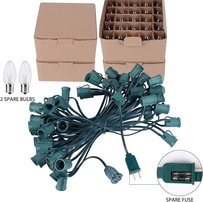 100 Feet C9 Bulb String Lights Outdoor Clear Christmas Lights Green Wire for Outdoor Patio Room Party Backyard Decoration, E17 Base, 100 Bulbs
