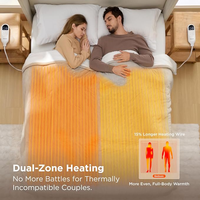 Bedsure Heated Blanket Queen Size, Dual Control Electric Blanket, Cream | - Image 3