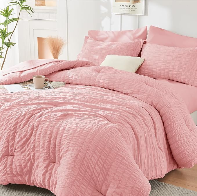 HYMOKEGE Rose Pink Twin Comforter Set Seersucker 5 Pieces, All Season Luxury Bed in a Bag for Bedroom, Bedding Set with Comforter, Sheets, Pillowcase & Sham