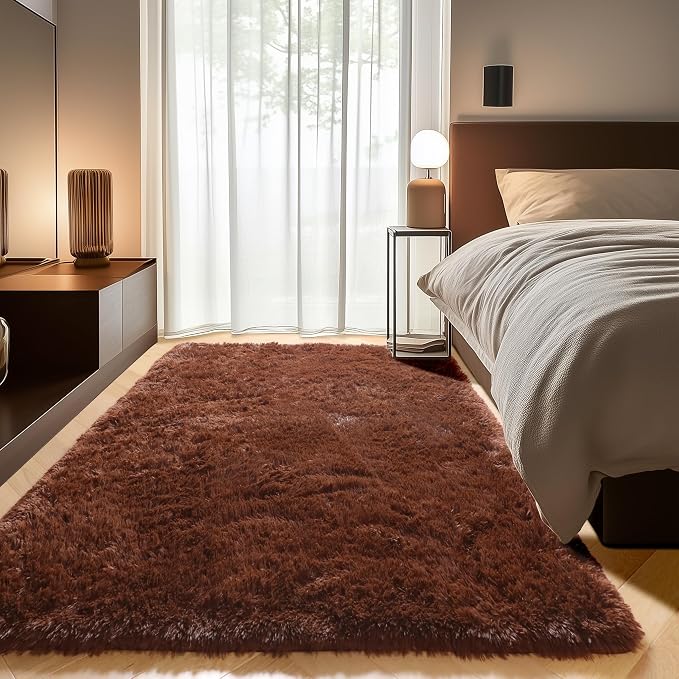 Brown Area Rugs for Bedroom Living Room, Fluffy 4x6 Indoor Bedside Floor Throw by ONASAR