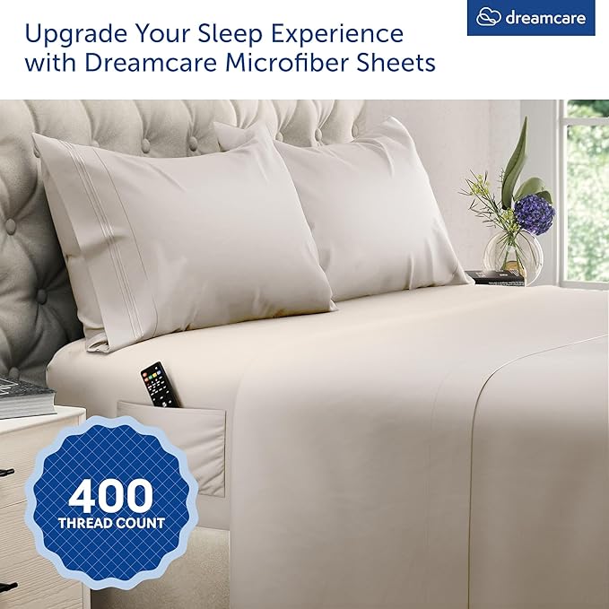DREAMCARE Queen Sheet Set – 4 pcs Cooling Sheets – up to 21” Extra Deep Pocket Queen Sheets – Hotel Luxury Sheets & Pillowcases – Superior Softness 100% Microfiber with Side Pocket - Beige