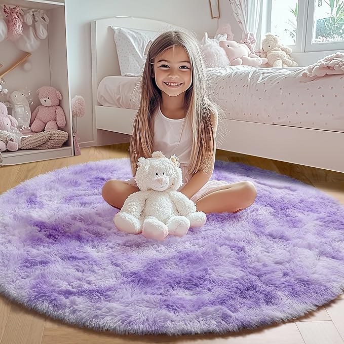 Round Rugs 5ft for Bedroom Living Room, Tie-Dyed Purple Fluffy Circle Area Rug - Image 8