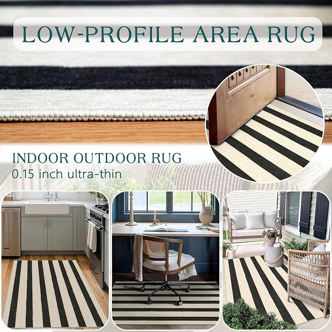Black and White Striped Entry Rug, 3x5 Non-Slip Indoor Outdoor Rugs | Washable - Image 4