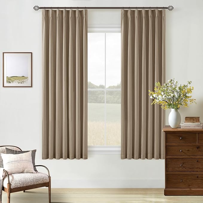 Light Brown 100% Blackout Pinch Pleated Linen 63 Inch Curtains by Twodrapes