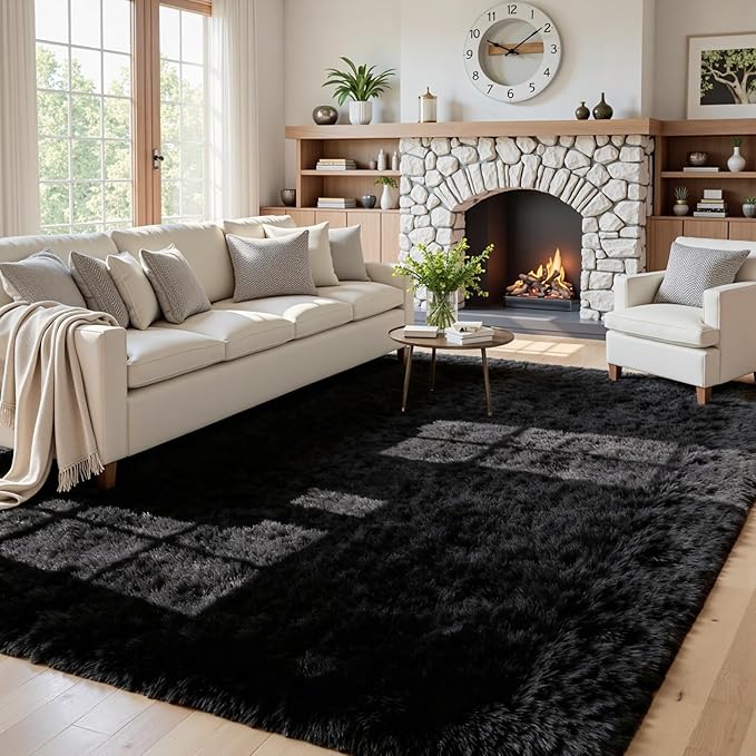5x8 Fluffy Shag Area Rugs for Living Room Bedroom: Soft Plush Carpet Black | by CarpetAddColortoYourLife