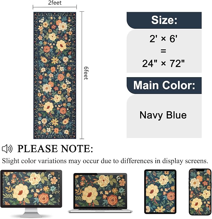 DUKINO 2x6 Runner Rug for Hallway Washable Kitchen Rugs Non Slip, Floral Indoor - Image 2