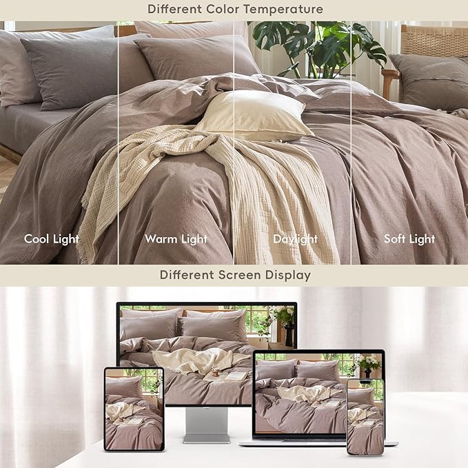 MooMee Bedding Duvet Cover Set 100% Washed Cotton Linen Like Textured Breathable Durable Soft Comfy (Heathered Mauve Brown, Twin 68"x90")