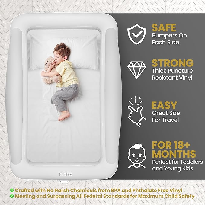 ELTOW Inflatable Toddler Travel Bed with Safety Bumpers, Portable Kids Air Mattress for Travel, Complete Toddler Air Mattress Set with High-Speed Pump & Carry Bag - Gray Chevron