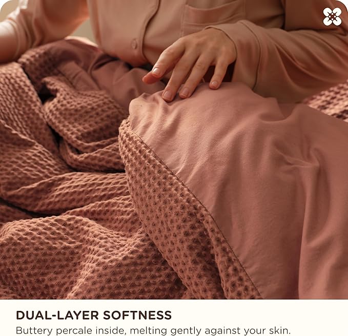 Bedsure Cotton Duvet Cover Queen - 100% Cotton Waffle Weave Burnt Orange Duvet Cover Queen Size, GentleSoft™ and Breathable Bedding Set for All Season, 3 Pieces, 90"x90"