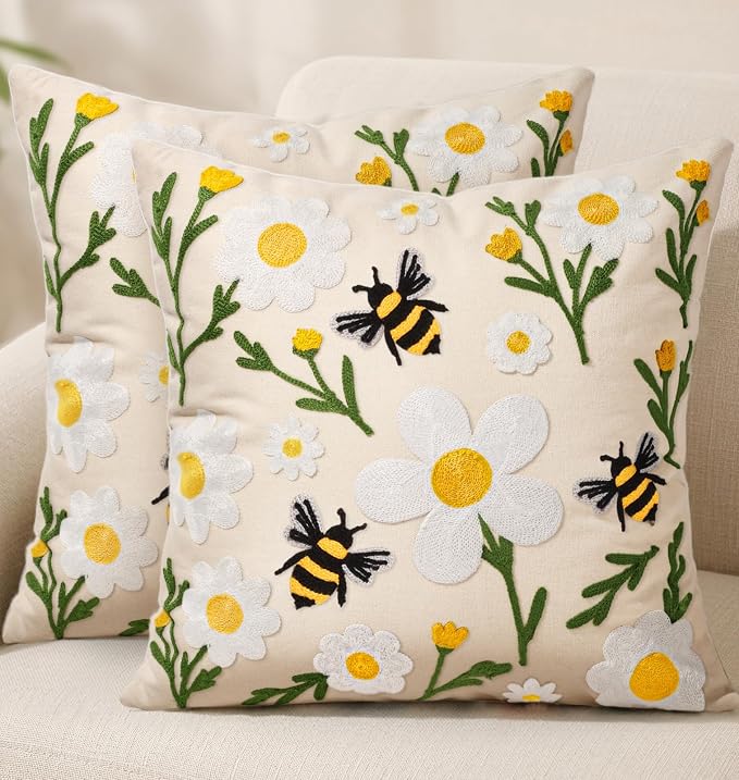 Embroidered Throw Pillow Covers 18x18 Inch, Flower Bee | Decorative Pillow by Kokaaee