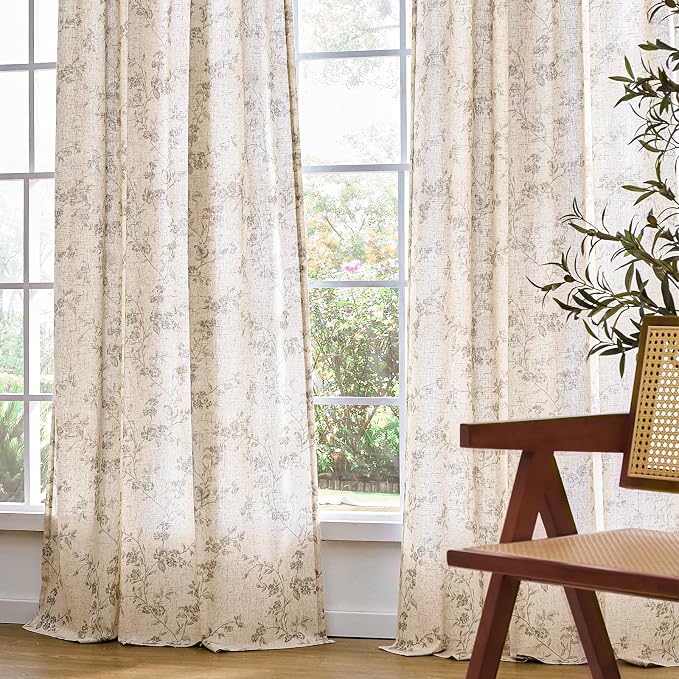 Grey Vintage Floral Linen Curtains Farmhouse 50W X 96L 2 Panels | Elisa Series - Image 7