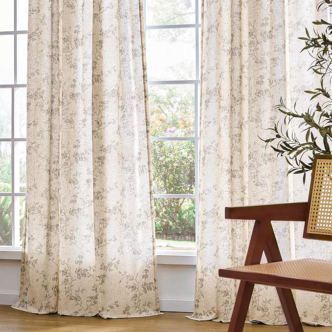 Grey Vintage Floral Linen Curtains Farmhouse 50W X 84L 2 Panels | Elisa Series - Image 7