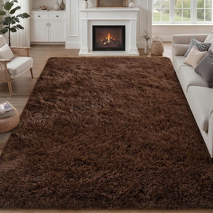 8x10 Area Rug Living Room Bedroom: Fluffy Plush Shag Carpet Brown | by Luxturiy