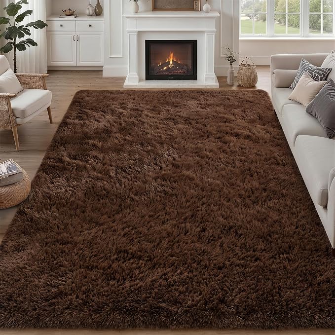 9x12 Area Rug Living Room Bedroom: Fluffy Plush Shag Carpet Brown | by Luxturiy