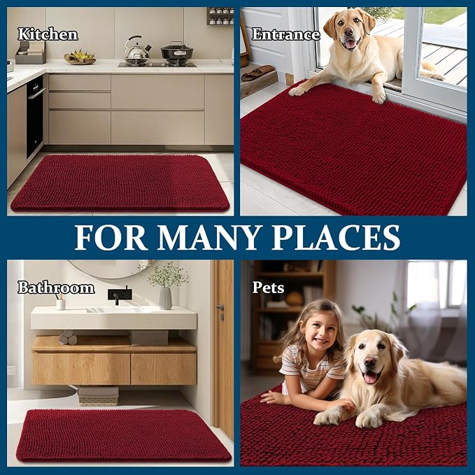 OLANLY Dog Door Mat for Muddy Paws 34x21, Super Absorbent Chenille Mud Mat | Red - Image 8
