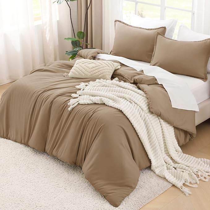 Litanika Comforters Taupe Super King Size, 3 Pieces Lightweight Solid Bedding Set & Collections, All Season Fluffy Bed Set (120x120In Comforter & 2 Pillowcases)