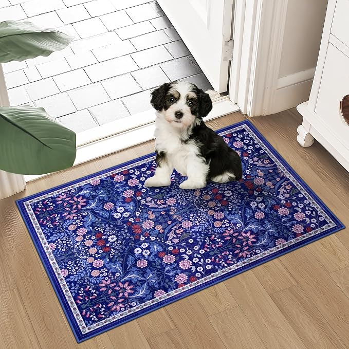 PLHXFR 2x3 Small Entryway Rug: Floral Washable Indoor Soft Carpet Blue | - Image 2