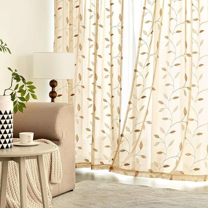MIULEE Khaki Sheer Curtains 2 Panels Embroidered Leaf Patterned, W52 x L54 | - Image 3