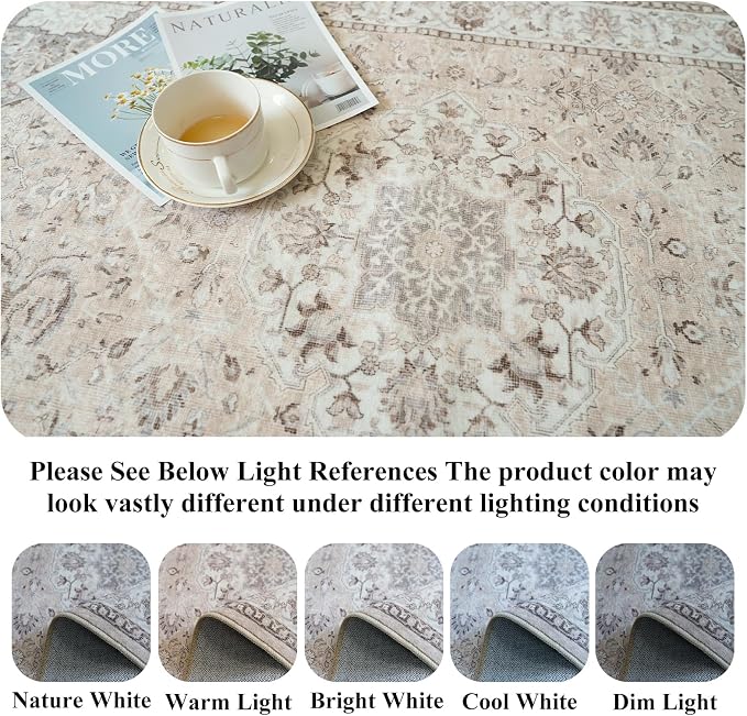 Living Room 8ft Square Area Rug: Machine Washable Large Vintage Soft Rug Stain - Image 5