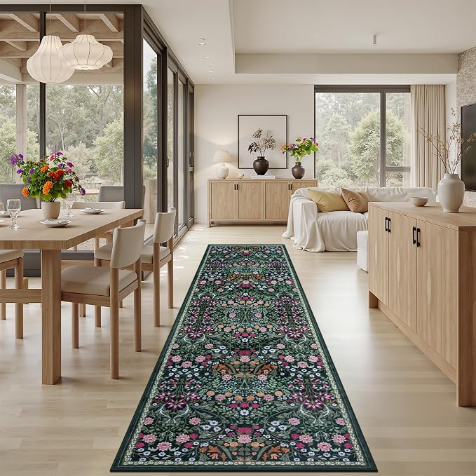 PLHXFR 3x10 Washable Runner Rug：Floral Indoor Kitchen Carpet Dark Green | - Image 4