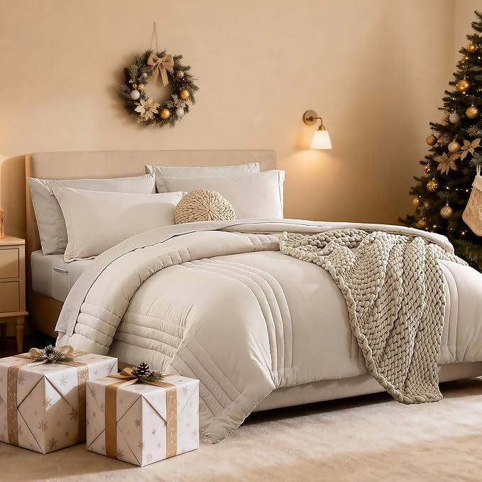 Monbix California King Size Comforter Set - 7 Pieces Bed in a Bag California King, Beige Bedding Sets with Comforter, All Seasons Down Alternative Comforter Bed Set with Sheets, Pillowcases & Shams