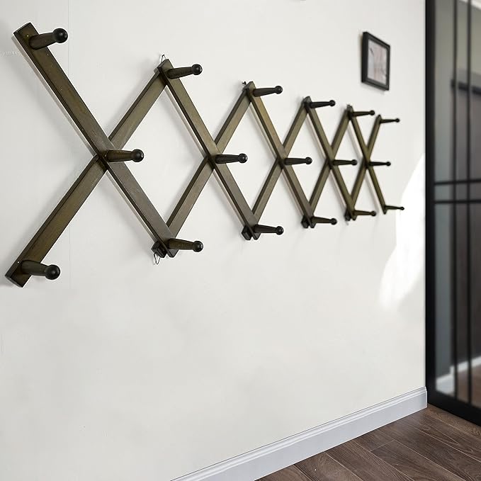 WEBI Accordion Wall Hanger,Expandable Wooden Hat Rack for Wall Mounted Coat Rack,Accordion Hat Hooks Holder for Baseball Caps,17 Peg,Dark Walnut