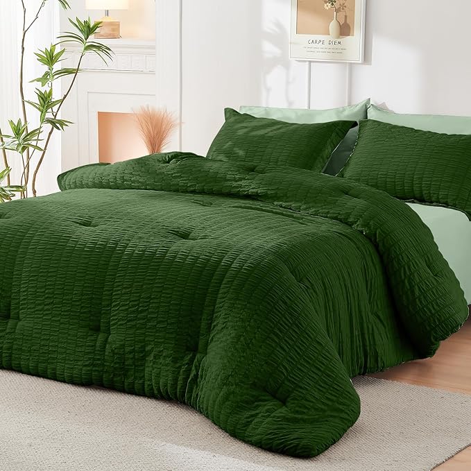 HYMOKEGE Dark Green/Sage Green Twin XL Comforter Set Seersucker 5 Pieces, All Season Luxury Bed in a Bag for Bedroom, Bedding Set with Comforter, Sheets, Pillowcase & Sham
